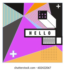 Trendy vector summer cards illustration with line elements and abstract colorful textures. Design for poster, card, invitation, brochure, and promotion template. Fashion art print and background.