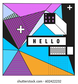 Trendy vector summer cards illustration with line elements and abstract colorful textures. Design for poster, card, invitation, brochure, and promotion template. Fashion art print and background.