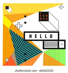 Trendy vector summer cards illustration with line elements and abstract colorful textures. Design for poster, card, invitation, brochure, and promotion template. Fashion art print and background.
