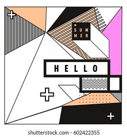 Trendy vector summer cards illustration with line elements and abstract colorful textures. Design for poster, card, invitation, brochure, and promotion template. Fashion art print and background.