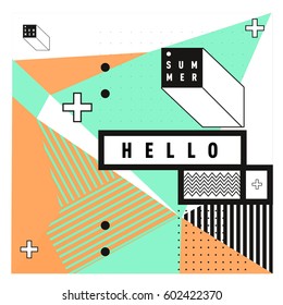 Trendy vector summer cards illustration with line elements and abstract colorful textures. Design for poster, card, invitation, brochure, and promotion template. Fashion art print and background.