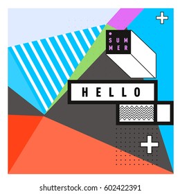 Trendy vector summer cards illustration with line elements and abstract colorful textures. Design for poster, card, invitation, brochure, and promotion template. Fashion art print and background.