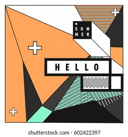 Trendy vector summer cards illustration with line elements and abstract colorful textures. Design for poster, card, invitation, brochure, and promotion template. Fashion art print and background.