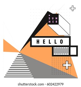 Trendy vector summer cards illustration with line elements and abstract colorful textures. Design for poster, card, invitation, brochure, and promotion template. Fashion art print and background.