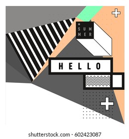 Trendy vector summer cards illustration with line elements and abstract colorful textures. Design for poster, card, invitation, brochure, and promotion template. Fashion art print and background.