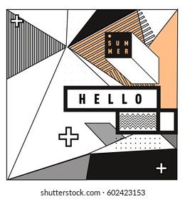 Trendy vector summer cards illustration with line elements and abstract colorful textures. Design for poster, card, invitation, brochure, and promotion template. Fashion art print and background.