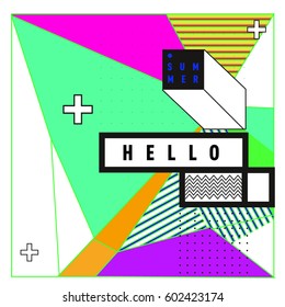 Trendy vector summer cards illustration with line elements and abstract colorful textures. Design for poster, card, invitation, brochure, and promotion template. Fashion art print and background.