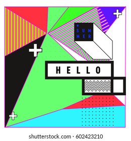 Trendy vector summer cards illustration with line elements and abstract colorful textures. Design for poster, card, invitation, brochure, and promotion template. Fashion art print and background.