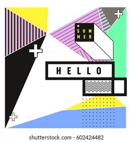 Trendy vector summer cards illustration with line elements and abstract colorful textures. Design for poster, card, invitation, brochure, and promotion template. Fashion art print and background.