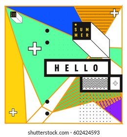 Trendy vector summer cards illustration with line elements and abstract colorful textures. Design for poster, card, invitation, brochure, and promotion template. Fashion art print and background.