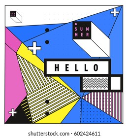 Trendy vector summer cards illustration with line elements and abstract colorful textures. Design for poster, card, invitation, brochure, and promotion template. Fashion art print and background.