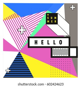 Trendy vector summer cards illustration with line elements and abstract colorful textures. Design for poster, card, invitation, brochure, and promotion template. Fashion art print and background.