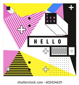 Trendy vector summer cards illustration with line elements and abstract colorful textures. Design for poster, card, invitation, brochure, and promotion template. Fashion art print and background.