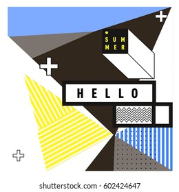 Trendy vector summer cards illustration with line elements and abstract colorful textures. Design for poster, card, invitation, brochure, and promotion template. Fashion art print and background.