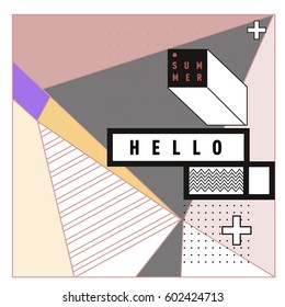 Trendy vector summer cards illustration with line elements and abstract colorful textures. Design for poster, card, invitation, brochure, and promotion template. Fashion art print and background.