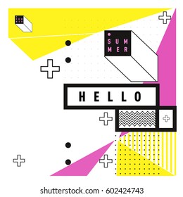 Trendy vector summer cards illustration with line elements and abstract colorful textures. Design for poster, card, invitation, brochure, and promotion template. Fashion art print and background.