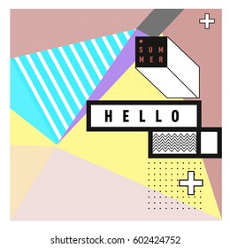 Trendy vector summer cards illustration with line elements and abstract colorful textures. Design for poster, card, invitation, brochure, and promotion template. Fashion art print and background.