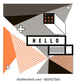 Trendy vector summer cards illustration with line elements and abstract colorful textures. Design for poster, card, invitation, brochure, and promotion template. Fashion art print and background.
