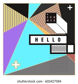 Trendy vector summer cards illustration with line elements and abstract colorful textures. Design for poster, card, invitation, brochure, and promotion template. Fashion art print and background.