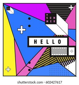 Trendy vector summer cards illustration with line elements and abstract colorful textures. Design for poster, card, invitation, brochure, and promotion template. Fashion art print and background.