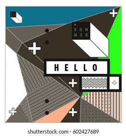 Trendy vector summer cards illustration with line elements and abstract colorful textures. Design for poster, card, invitation, brochure, and promotion template. Fashion art print and background.
