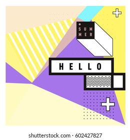 Trendy vector summer cards illustration with line elements and abstract colorful textures. Design for poster, card, invitation, brochure, and promotion template. Fashion art print and background.