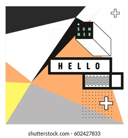 Trendy vector summer cards illustration with line elements and abstract colorful textures. Design for poster, card, invitation, brochure, and promotion template. Fashion art print and background.