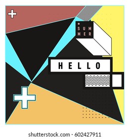 Trendy vector summer cards illustration with line elements and abstract colorful textures. Design for poster, card, invitation, brochure, and promotion template. Fashion art print and background.