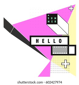 Trendy vector summer cards illustration with line elements and abstract colorful textures. Design for poster, card, invitation, brochure, and promotion template. Fashion art print and background.