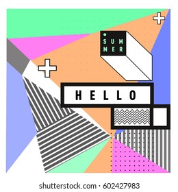 Trendy vector summer cards illustration with line elements and abstract colorful textures. Design for poster, card, invitation, brochure, and promotion template. Fashion art print and background.