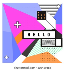 Trendy vector summer cards illustration with line elements and abstract colorful textures. Design for poster, card, invitation, brochure, and promotion template. Fashion art print and background.