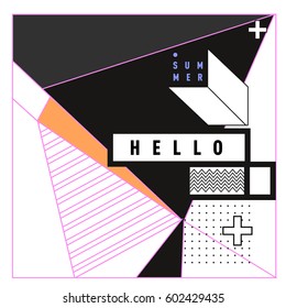 Trendy vector summer cards illustration with line elements and abstract colorful textures. Design for poster, card, invitation, brochure, and promotion template. Fashion art print and background.