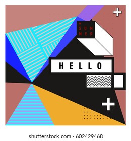 Trendy vector summer cards illustration with line elements and abstract colorful textures. Design for poster, card, invitation, brochure, and promotion template. Fashion art print and background.