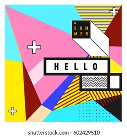 Trendy vector summer cards illustration with line elements and abstract colorful textures. Design for poster, card, invitation, brochure, and promotion template. Fashion art print and background.
