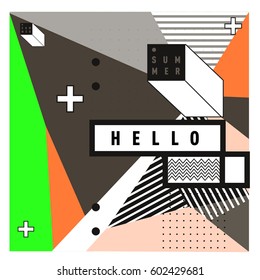 Trendy vector summer cards illustration with line elements and abstract colorful textures. Design for poster, card, invitation, brochure, and promotion template. Fashion art print and background.
