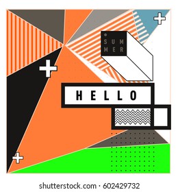 Trendy vector summer cards illustration with line elements and abstract colorful textures. Design for poster, card, invitation, brochure, and promotion template. Fashion art print and background.