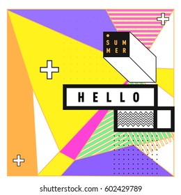 Trendy vector summer cards illustration with line elements and abstract colorful textures. Design for poster, card, invitation, brochure, and promotion template. Fashion art print and background.