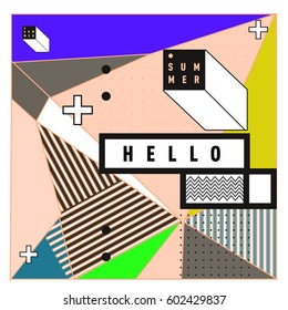 Trendy vector summer cards illustration with line elements and abstract colorful textures. Design for poster, card, invitation, brochure, and promotion template. Fashion art print and background.