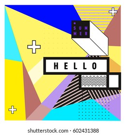 Trendy vector summer cards illustration with line elements and abstract colorful textures. Design for poster, card, invitation, brochure, and promotion template. Fashion art print and background.