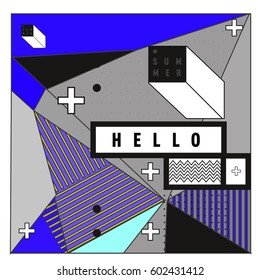 Trendy vector summer cards illustration with line elements and abstract colorful textures. Design for poster, card, invitation, brochure, and promotion template. Fashion art print and background.
