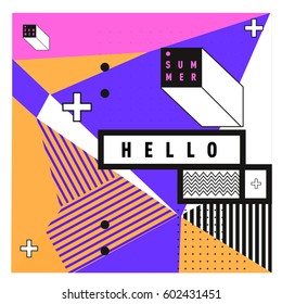 Trendy vector summer cards illustration with line elements and abstract colorful textures. Design for poster, card, invitation, brochure, and promotion template. Fashion art print and background.
