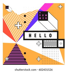 Trendy vector summer cards illustration with line elements and abstract colorful textures. Design for poster, card, invitation, brochure, and promotion template. Fashion art print and background.