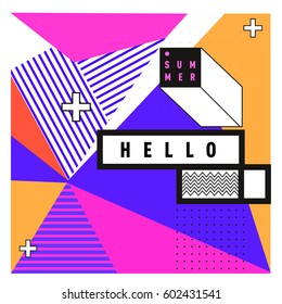 Trendy vector summer cards illustration with line elements and abstract colorful textures. Design for poster, card, invitation, brochure, and promotion template. Fashion art print and background.