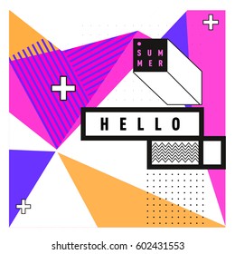 Trendy vector summer cards illustration with line elements and abstract colorful textures. Design for poster, card, invitation, brochure, and promotion template. Fashion art print and background.