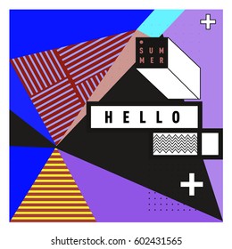 Trendy vector summer cards illustration with line elements and abstract colorful textures. Design for poster, card, invitation, brochure, and promotion template. Fashion art print and background.