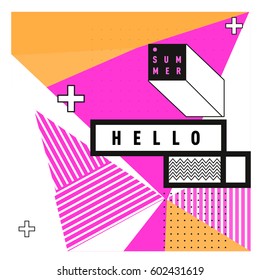 Trendy vector summer cards illustration with line elements and abstract colorful textures. Design for poster, card, invitation, brochure, and promotion template. Fashion art print and background.