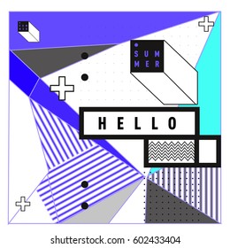 Trendy vector summer cards illustration with line elements and abstract colorful textures. Design for poster, card, invitation, brochure, and promotion template. Fashion art print and background.
