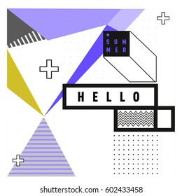 Trendy vector summer cards illustration with line elements and abstract colorful textures. Design for poster, card, invitation, brochure, and promotion template. Fashion art print and background.