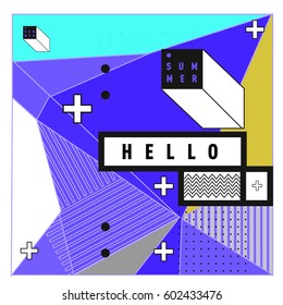 Trendy vector summer cards illustration with line elements and abstract colorful textures. Design for poster, card, invitation, brochure, and promotion template. Fashion art print and background.