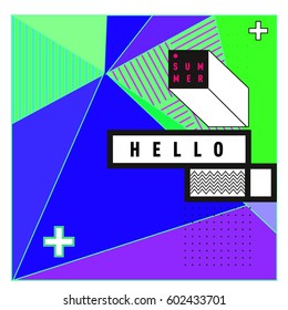 Trendy vector summer cards illustration with line elements and abstract colorful textures. Design for poster, card, invitation, brochure, and promotion template. Fashion art print and background.